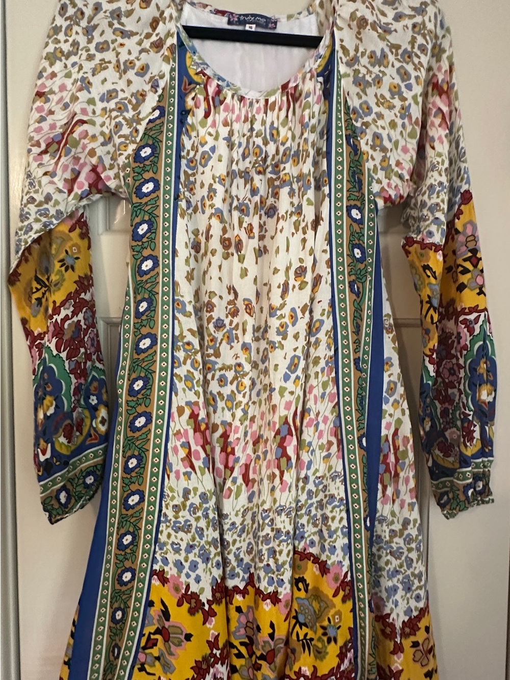 Truly Me Cream Floral Boho Dress with Yellow & Blue Accents